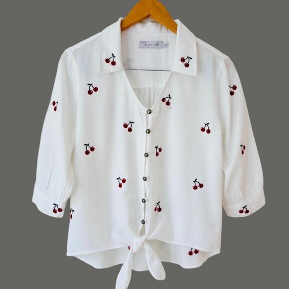 Billy T Cherry Embroidered Buttoned Tie Front Shirt White Sz S Cotton Summer Top - Picture 1 of 8